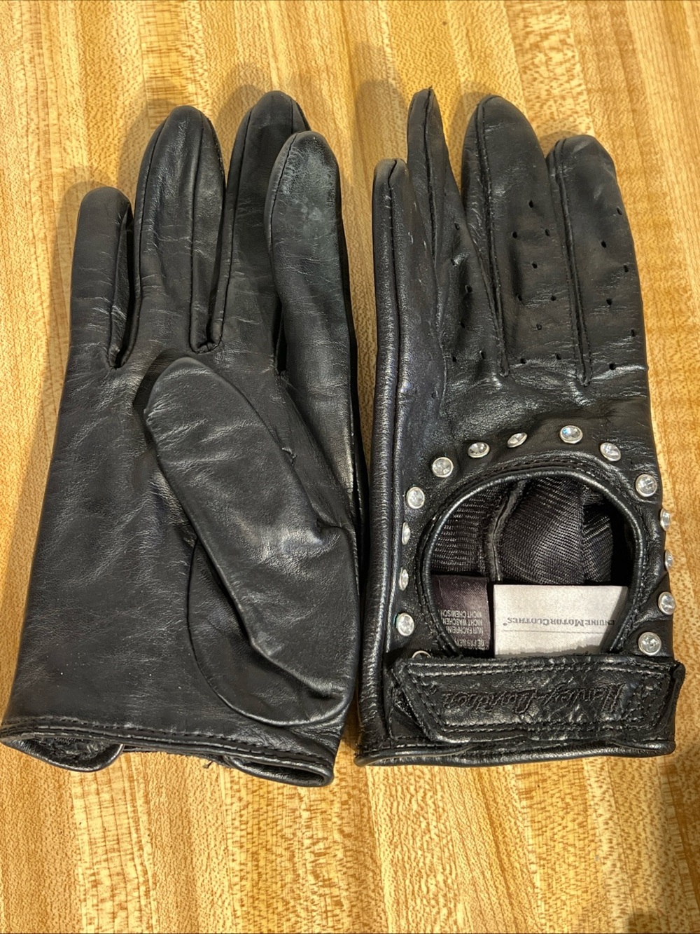 Harley Davidson Women's Black Leather Riding Gloves With Rhinestones Sz Medium